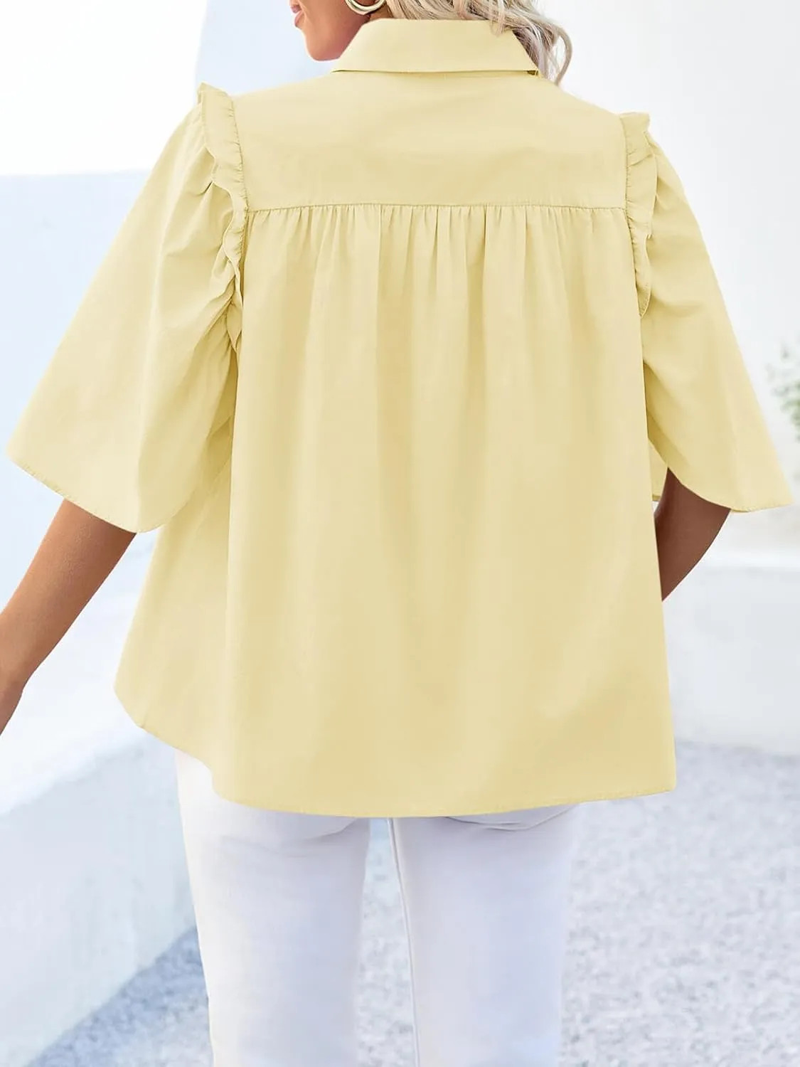 Cicy Bell Womens Summer Button Down Shirts Short Ruffle Puff Sleeve Cotton Blouses Dressy Casual Ladies Tops