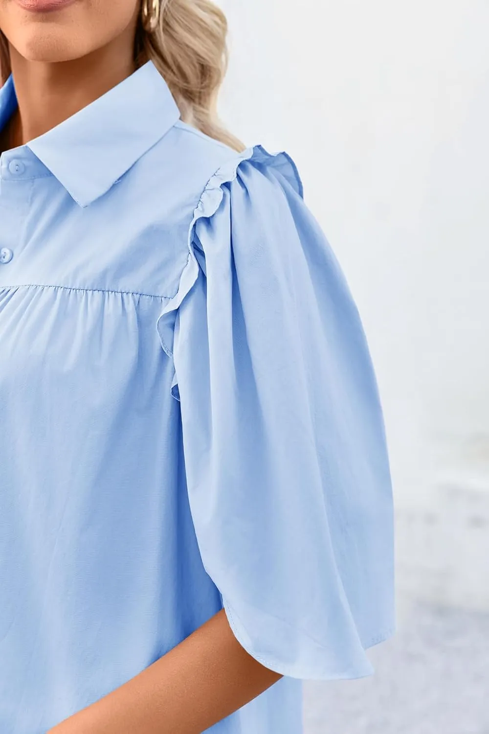 Cicy Bell Womens Summer Button Down Shirts Short Ruffle Puff Sleeve Cotton Blouses Dressy Casual Ladies Tops