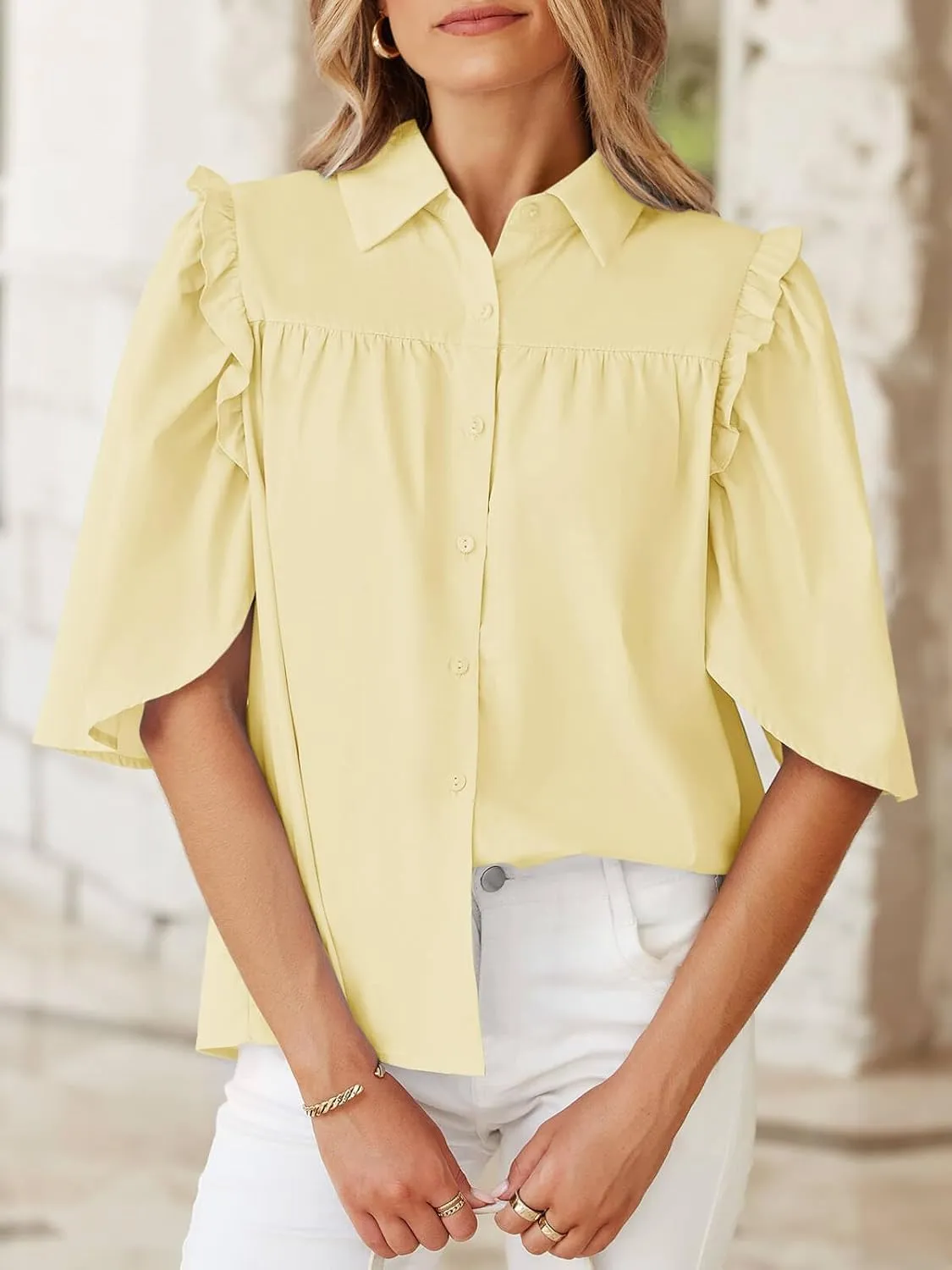 Cicy Bell Womens Summer Button Down Shirts Short Ruffle Puff Sleeve Cotton Blouses Dressy Casual Ladies Tops