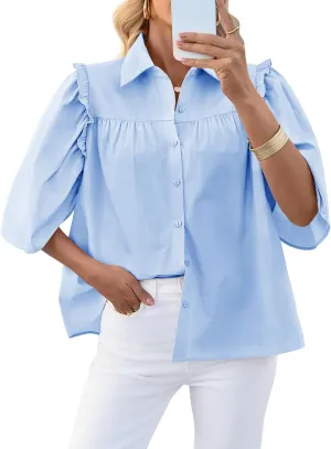 Cicy Bell Womens Summer Button Down Shirts Short Ruffle Puff Sleeve Cotton Blouses Dressy Casual Ladies Tops