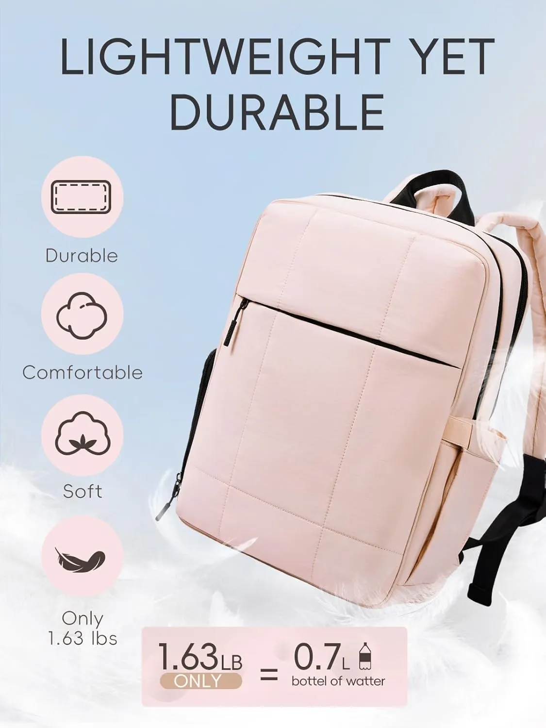 CLUCI Quilted Laptop Backpack fits 15.6" Laptop, Travel Backpack for Women, Lightweight Carry on Backpack for Airplanes, Puffy Gym Bag with Shoe Compartment (Pink)