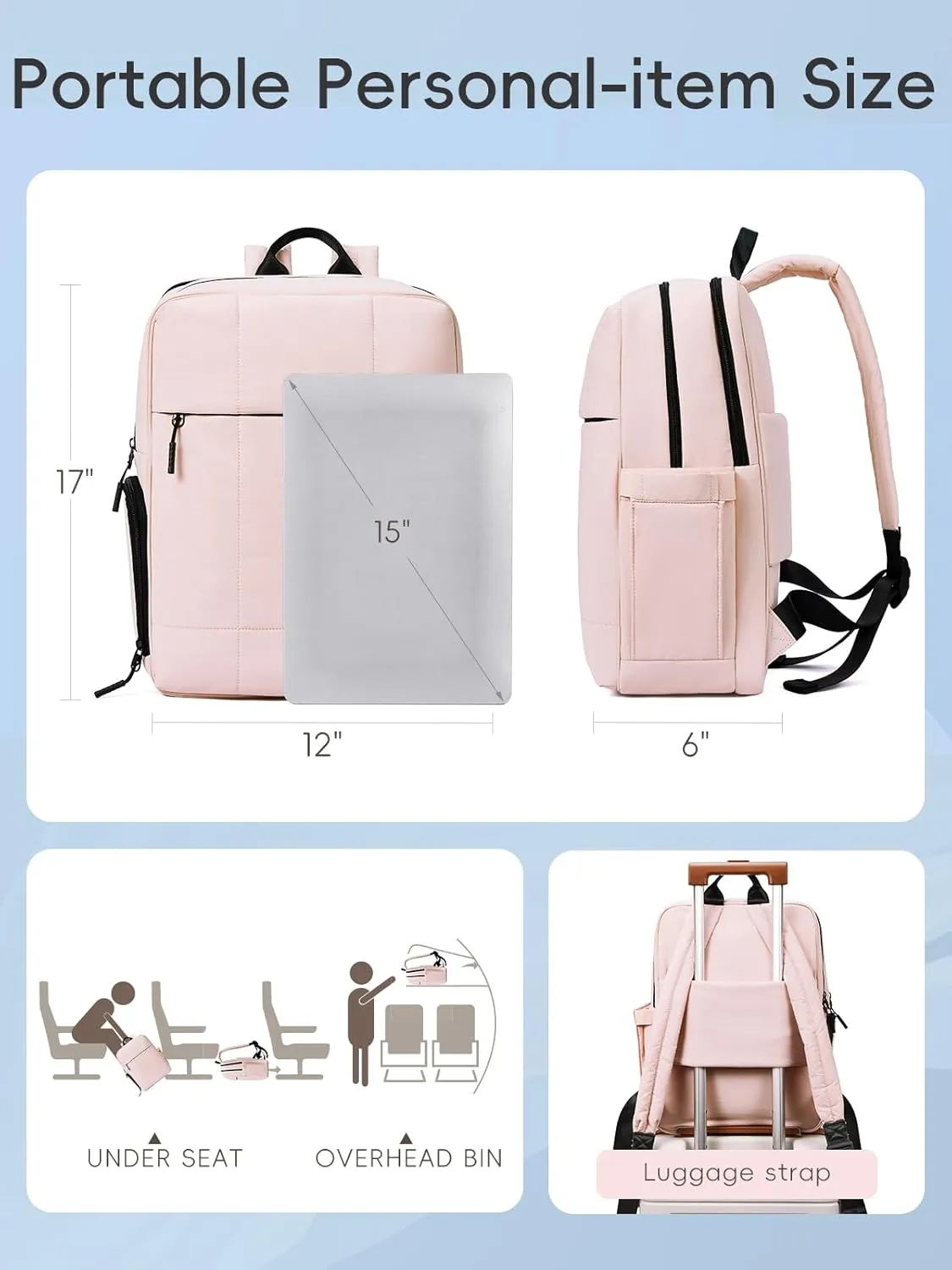 CLUCI Quilted Laptop Backpack fits 15.6" Laptop, Travel Backpack for Women, Lightweight Carry on Backpack for Airplanes, Puffy Gym Bag with Shoe Compartment (Pink)