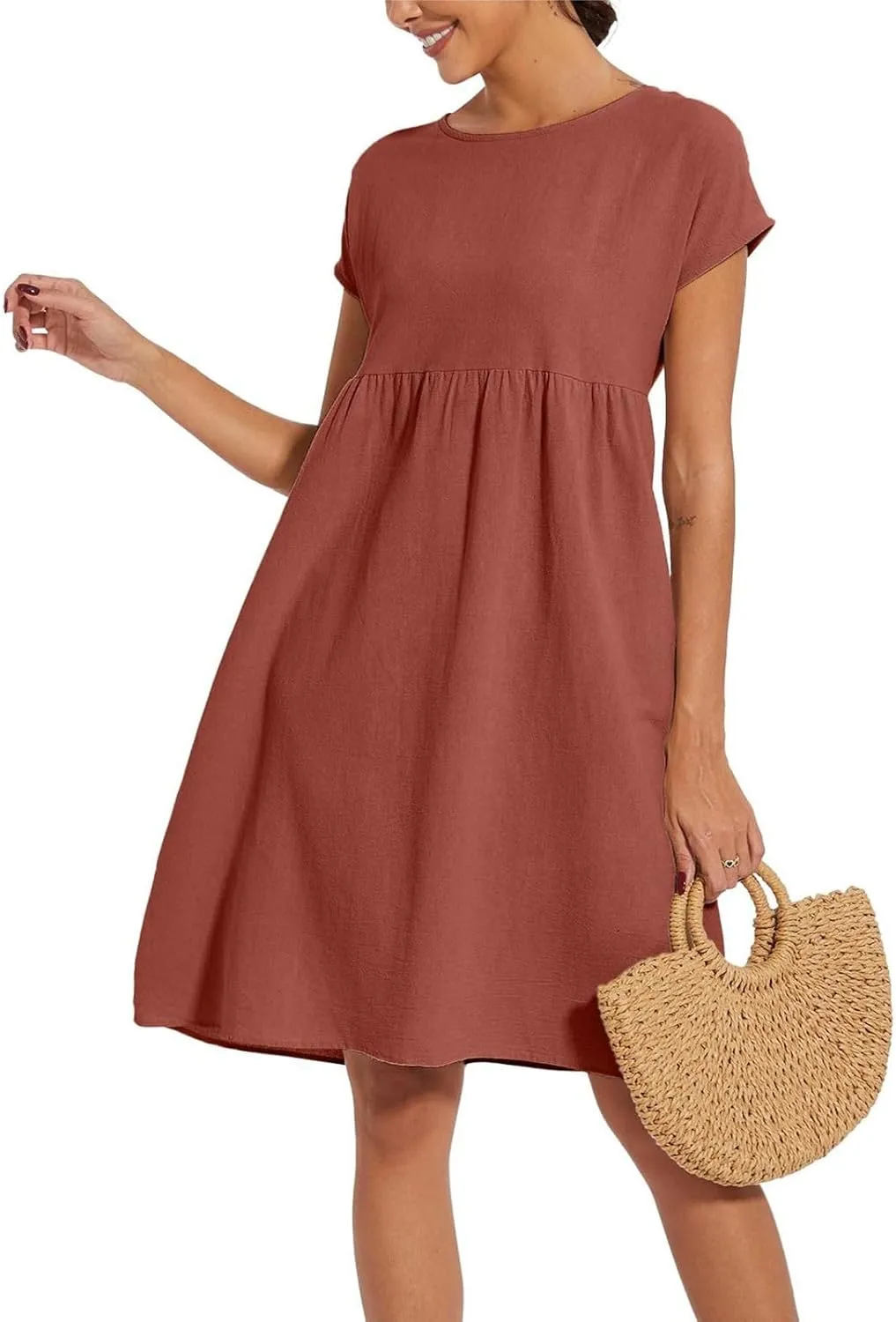 Cotton Linen Dresses for Women 2024 Casual High Waisted Pleated Short Sleeves Midi Dress Loose Pockets Beach Sundress