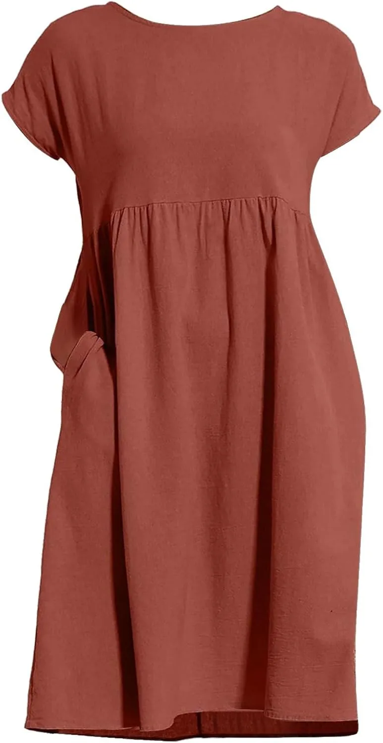 Cotton Linen Dresses for Women 2024 Casual High Waisted Pleated Short Sleeves Midi Dress Loose Pockets Beach Sundress