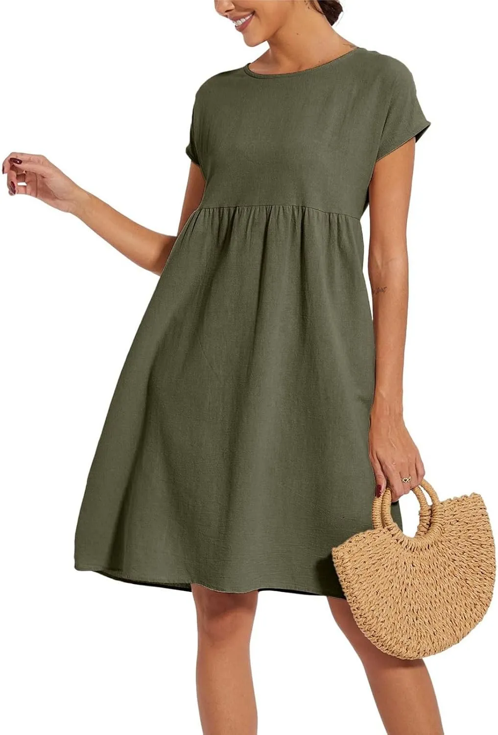 Cotton Linen Dresses for Women 2024 Casual High Waisted Pleated Short Sleeves Midi Dress Loose Pockets Beach Sundress