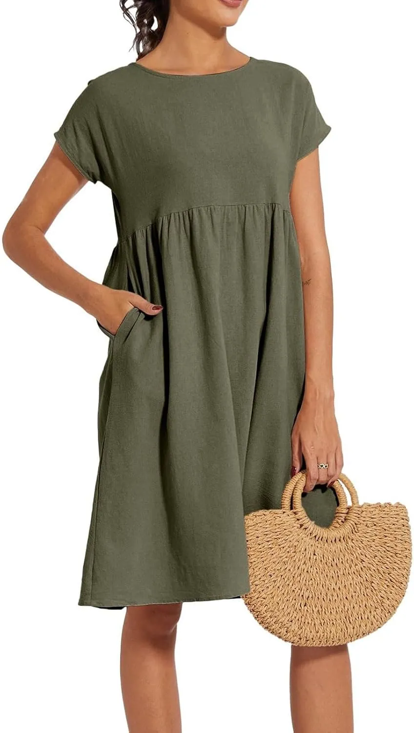 Cotton Linen Dresses for Women 2024 Casual High Waisted Pleated Short Sleeves Midi Dress Loose Pockets Beach Sundress