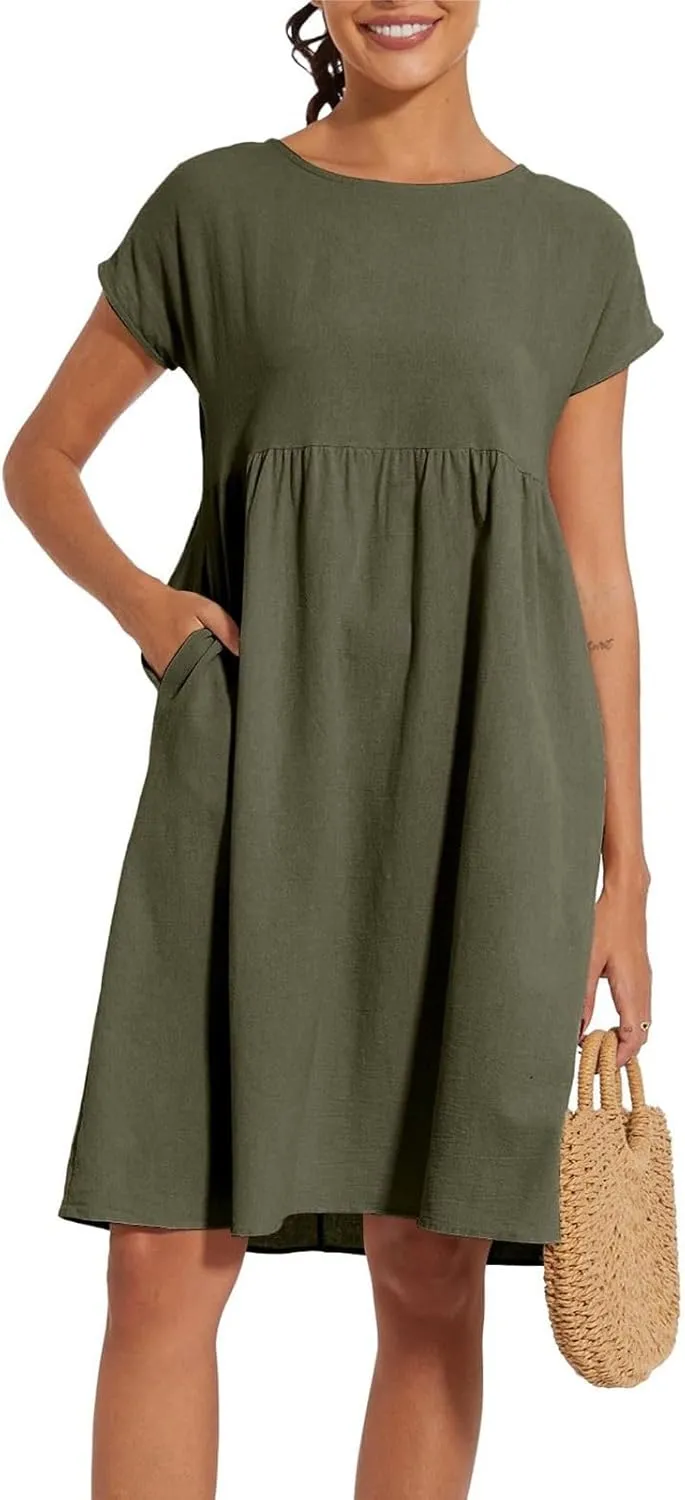Cotton Linen Dresses for Women 2024 Casual High Waisted Pleated Short Sleeves Midi Dress Loose Pockets Beach Sundress