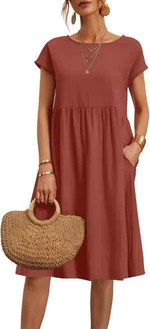 Cotton Linen Dresses for Women 2024 Casual High Waisted Pleated Short Sleeves Midi Dress Loose Pockets Beach Sundress