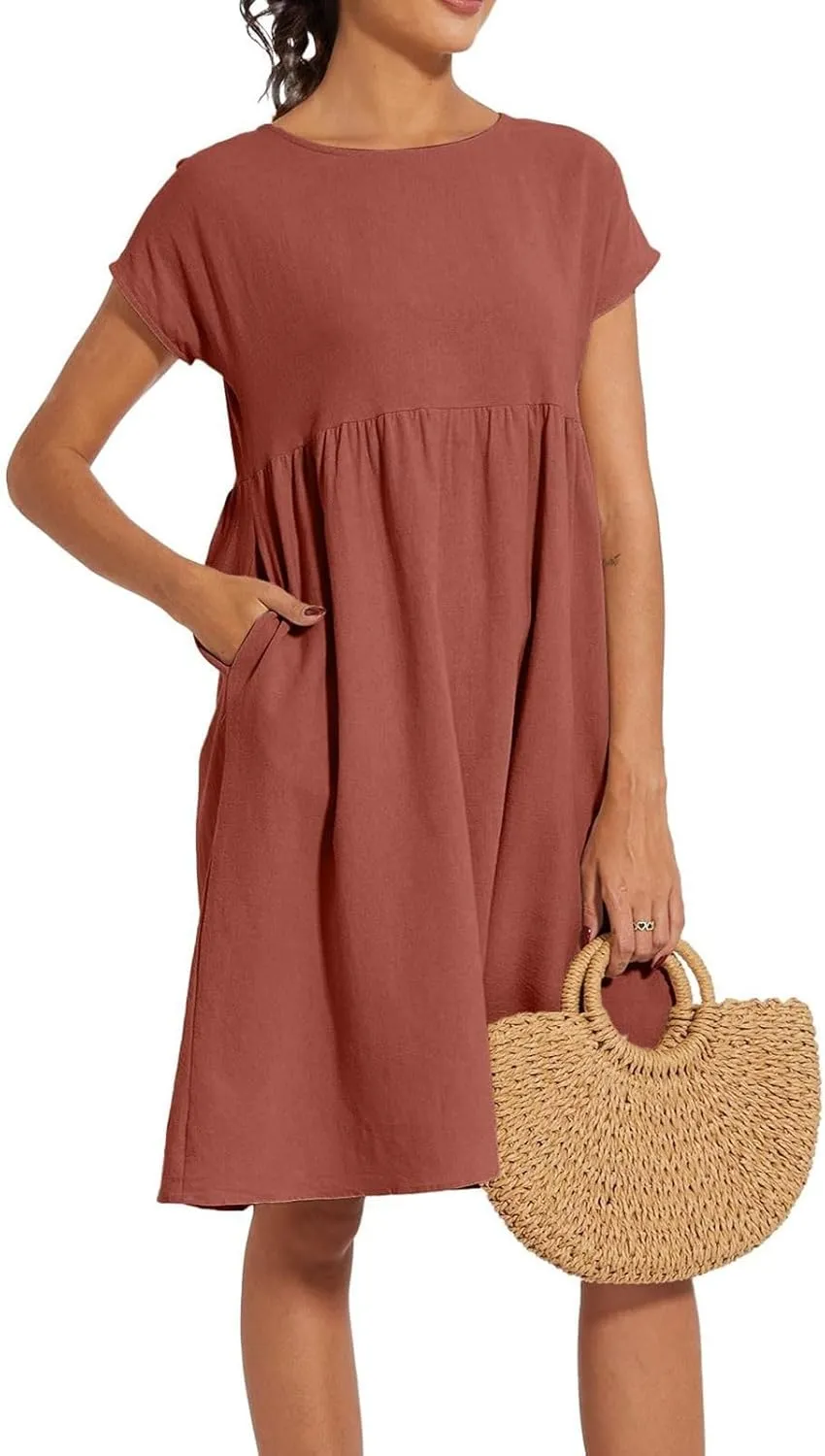 Cotton Linen Dresses for Women 2024 Casual High Waisted Pleated Short Sleeves Midi Dress Loose Pockets Beach Sundress