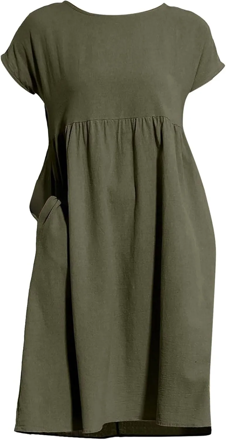 Cotton Linen Dresses for Women 2024 Casual High Waisted Pleated Short Sleeves Midi Dress Loose Pockets Beach Sundress