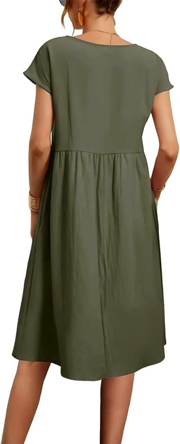 Cotton Linen Dresses for Women 2024 Casual High Waisted Pleated Short Sleeves Midi Dress Loose Pockets Beach Sundress