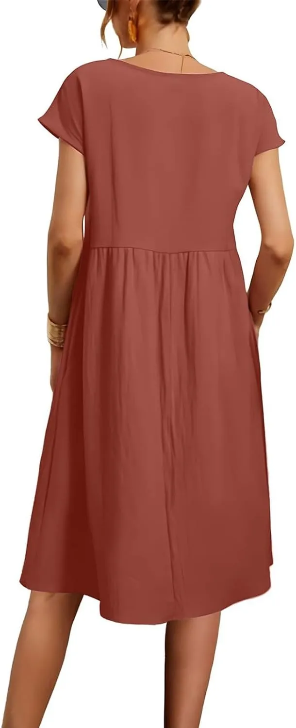 Cotton Linen Dresses for Women 2024 Casual High Waisted Pleated Short Sleeves Midi Dress Loose Pockets Beach Sundress