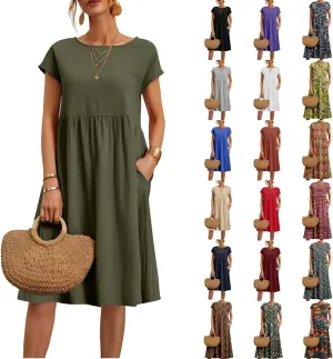 Cotton Linen Dresses for Women 2024 Casual High Waisted Pleated Short Sleeves Midi Dress Loose Pockets Beach Sundress