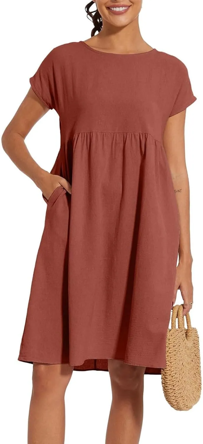 Cotton Linen Dresses for Women 2024 Casual High Waisted Pleated Short Sleeves Midi Dress Loose Pockets Beach Sundress