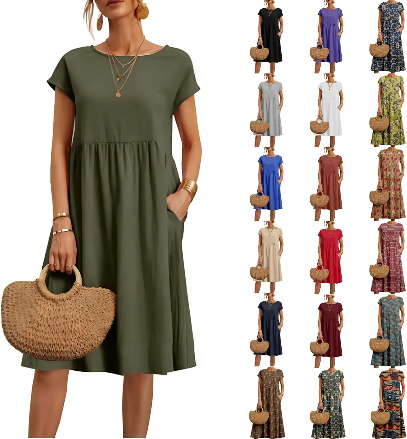 Cotton Linen Dresses for Women 2024 Casual High Waisted Pleated Short Sleeves Midi Dress Loose Pockets Beach Sundress
