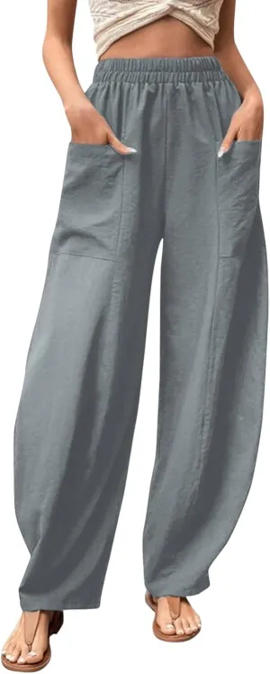 Cotton Linen Pants for Women Elastic High Waisted Wide Leg Pant Casual Baggy Summer Trousers Pants with Pockets
