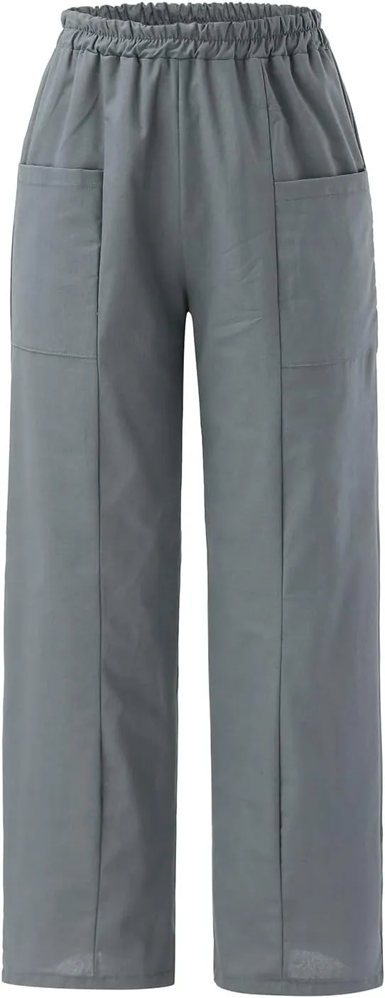 Cotton Linen Pants for Women Elastic High Waisted Wide Leg Pant Casual Baggy Summer Trousers Pants with Pockets
