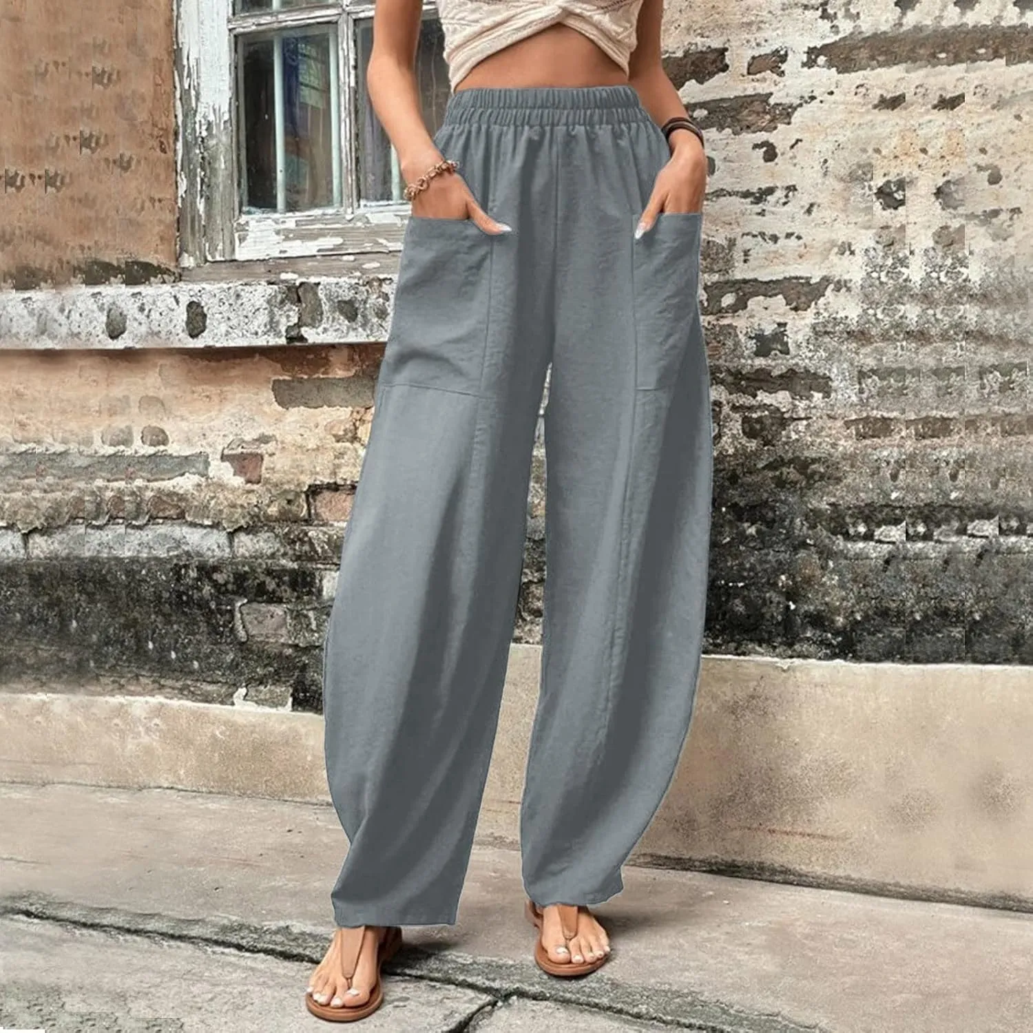 Cotton Linen Pants for Women Elastic High Waisted Wide Leg Pant Casual Baggy Summer Trousers Pants with Pockets