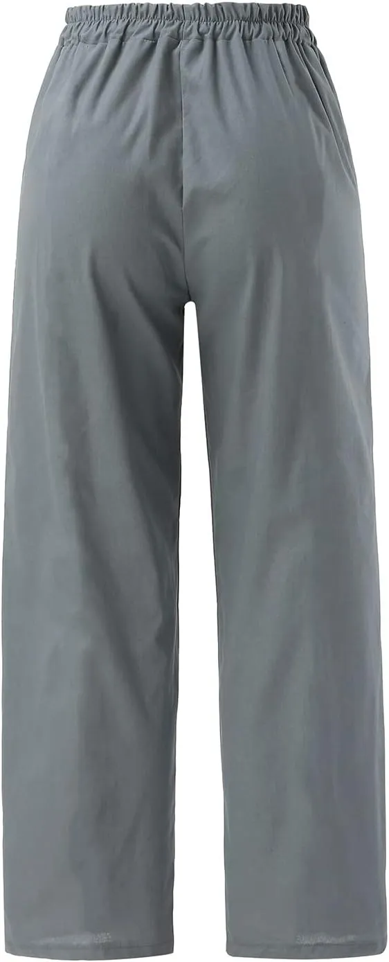 Cotton Linen Pants for Women Elastic High Waisted Wide Leg Pant Casual Baggy Summer Trousers Pants with Pockets