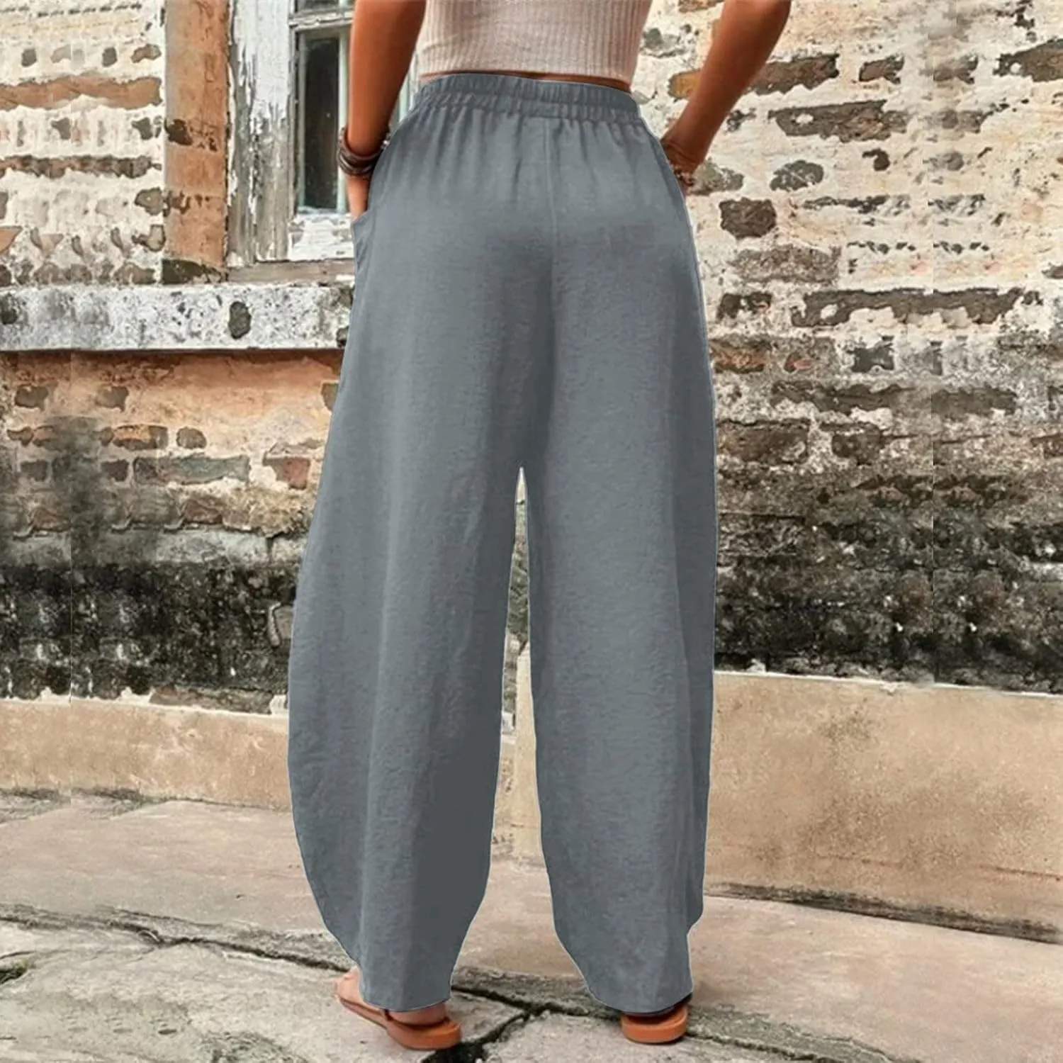 Cotton Linen Pants for Women Elastic High Waisted Wide Leg Pant Casual Baggy Summer Trousers Pants with Pockets