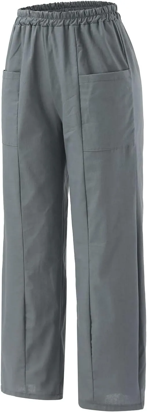 Cotton Linen Pants for Women Elastic High Waisted Wide Leg Pant Casual Baggy Summer Trousers Pants with Pockets