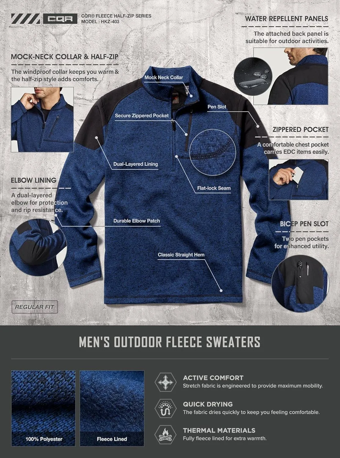 CQR Men's Thermal Fleece Half Zip Pullover, Winter Outdoor Warm Sweater, Lightweight Long Sleeve Sweatshirt