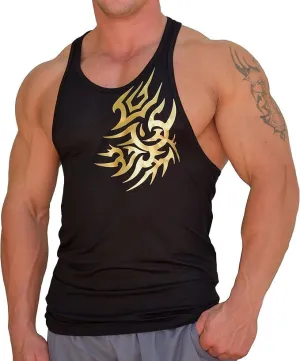 Crazee Wear Men's Workout Bodybuilding Weight Lifting Stringer Gym Fitness Training Black Tank Top with Gold Tattoo Design