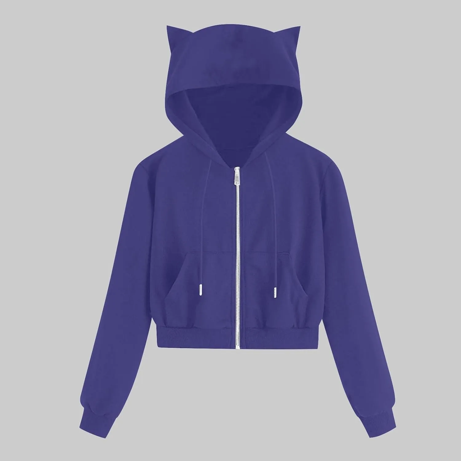 Cropped Zip Up Hoodies for Women Cute Cat Ear Hoodies Long Sleeve Sweatshirts Y2k Cat Hoodie for Women Clothes 2024