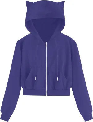 Cropped Zip Up Hoodies for Women Cute Cat Ear Hoodies Long Sleeve Sweatshirts Y2k Cat Hoodie for Women Clothes 2024