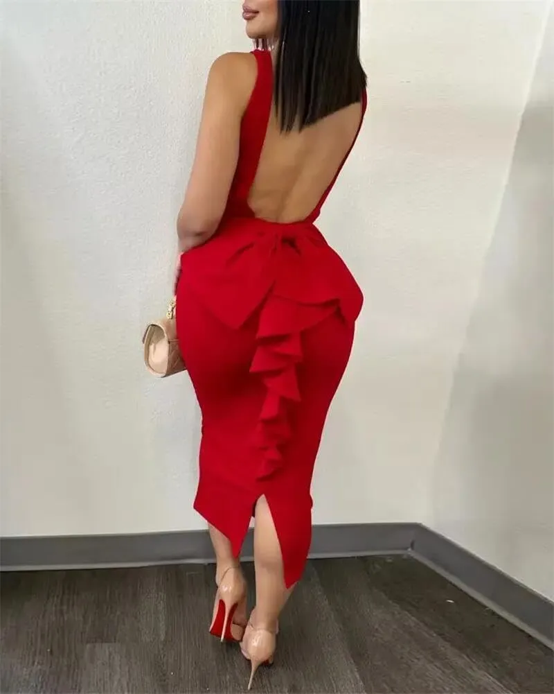 cu4eve Sexy Cocktail Dress for Women Backless Sleeveless V Neck Bow Open Back Midi Bodycon Homecoming Dresses Plus Size