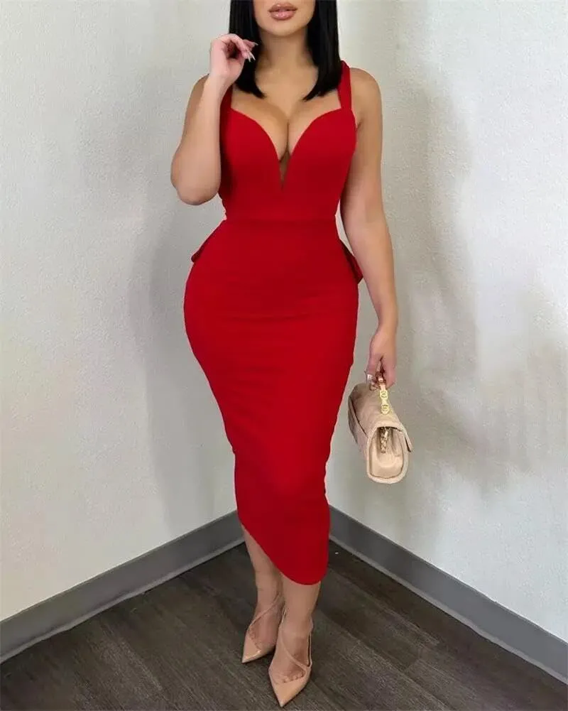 cu4eve Sexy Cocktail Dress for Women Backless Sleeveless V Neck Bow Open Back Midi Bodycon Homecoming Dresses Plus Size