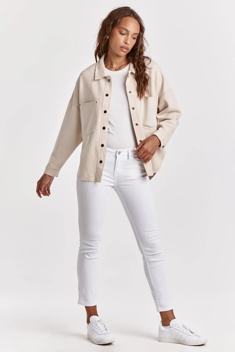 DEAR JOHN Gina Denim Shirt Jacket Women's Cropped Snap Button Long Sleeve