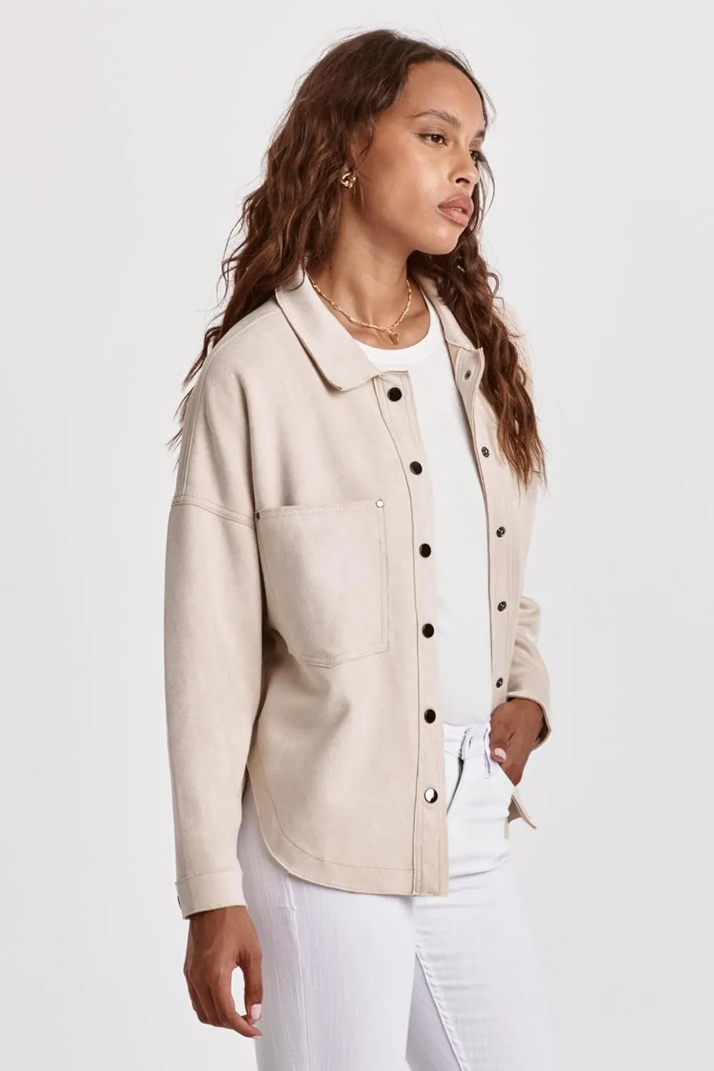 DEAR JOHN Gina Denim Shirt Jacket Women's Cropped Snap Button Long Sleeve