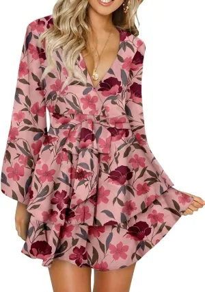 Dokotoo Womens 2024 Summer Spring V Neck Ruffle Chiffon Elegant Tie Knot Mini Short Swing Skater Dresses