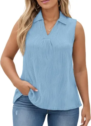 DOLNINE Womens-Plus-Size-Summer-Tank-Tops Dressy V Neck Collared Polo Shirts Casual Sleeveless Tunics Trendy Textured Blouses
