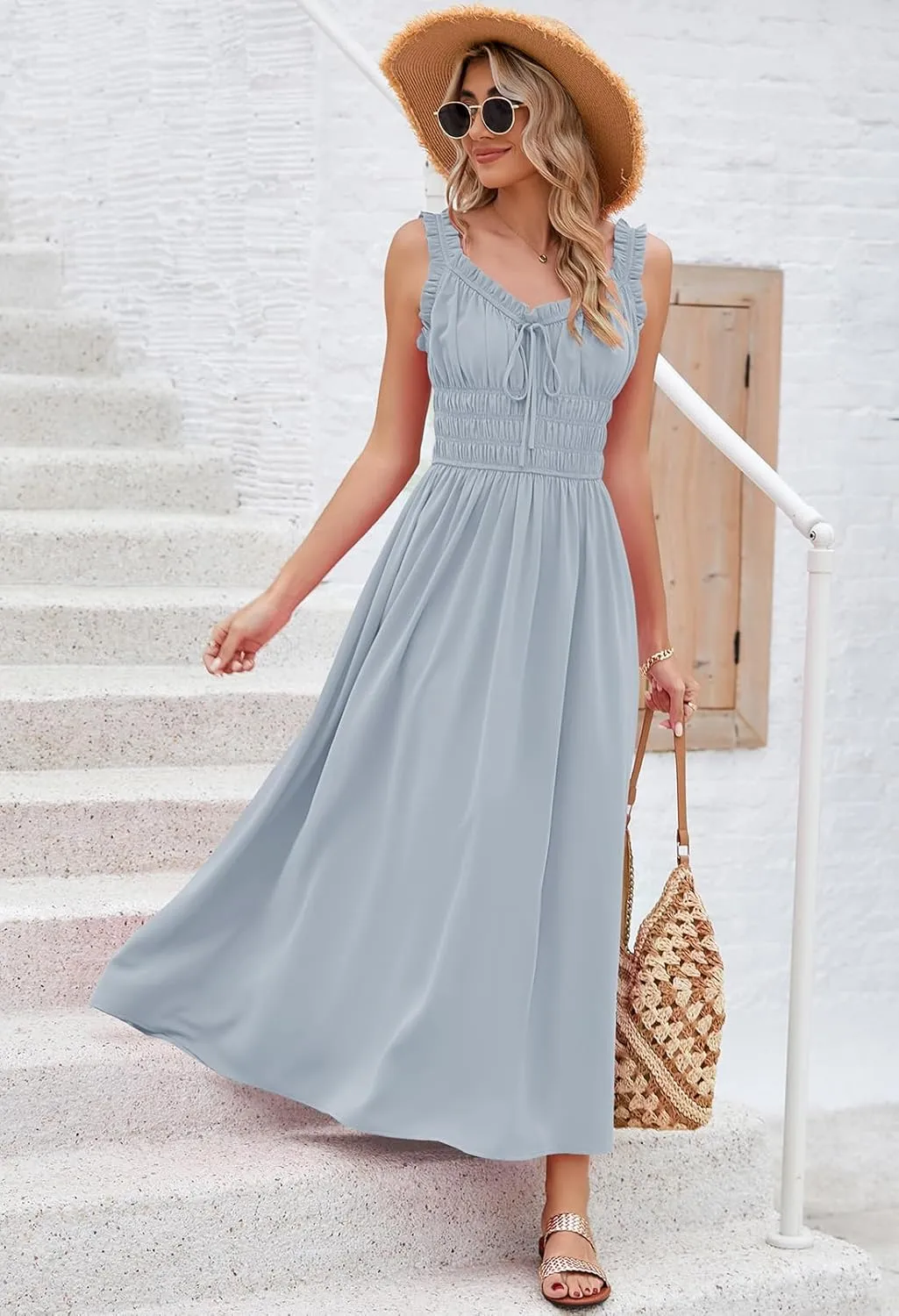 Duigluw Women 2025 Summer Sleeveless Smocked Empire Waist Tank Dress Summer Beach Tiered Long Dresses Sundress