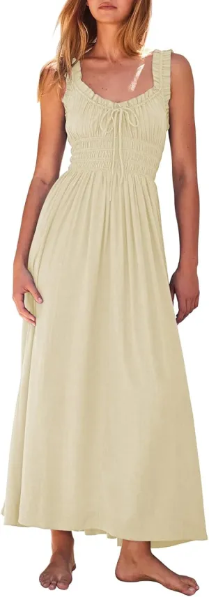 Duigluw Women 2025 Summer Sleeveless Smocked Empire Waist Tank Dress Summer Beach Tiered Long Dresses Sundress