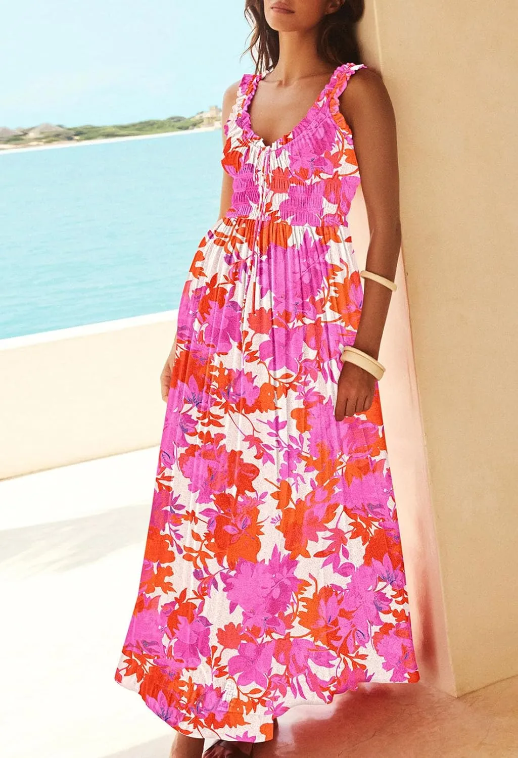Duigluw Women 2025 Summer Sleeveless Smocked Empire Waist Tank Dress Summer Beach Tiered Long Dresses Sundress