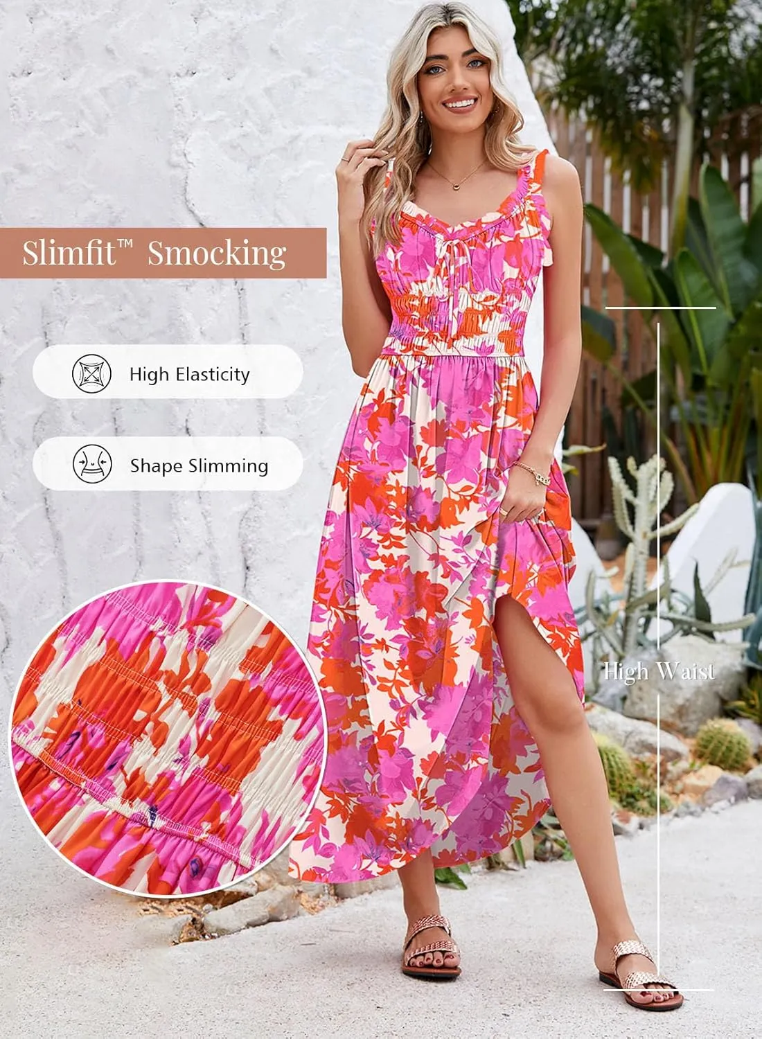 Duigluw Women 2025 Summer Sleeveless Smocked Empire Waist Tank Dress Summer Beach Tiered Long Dresses Sundress