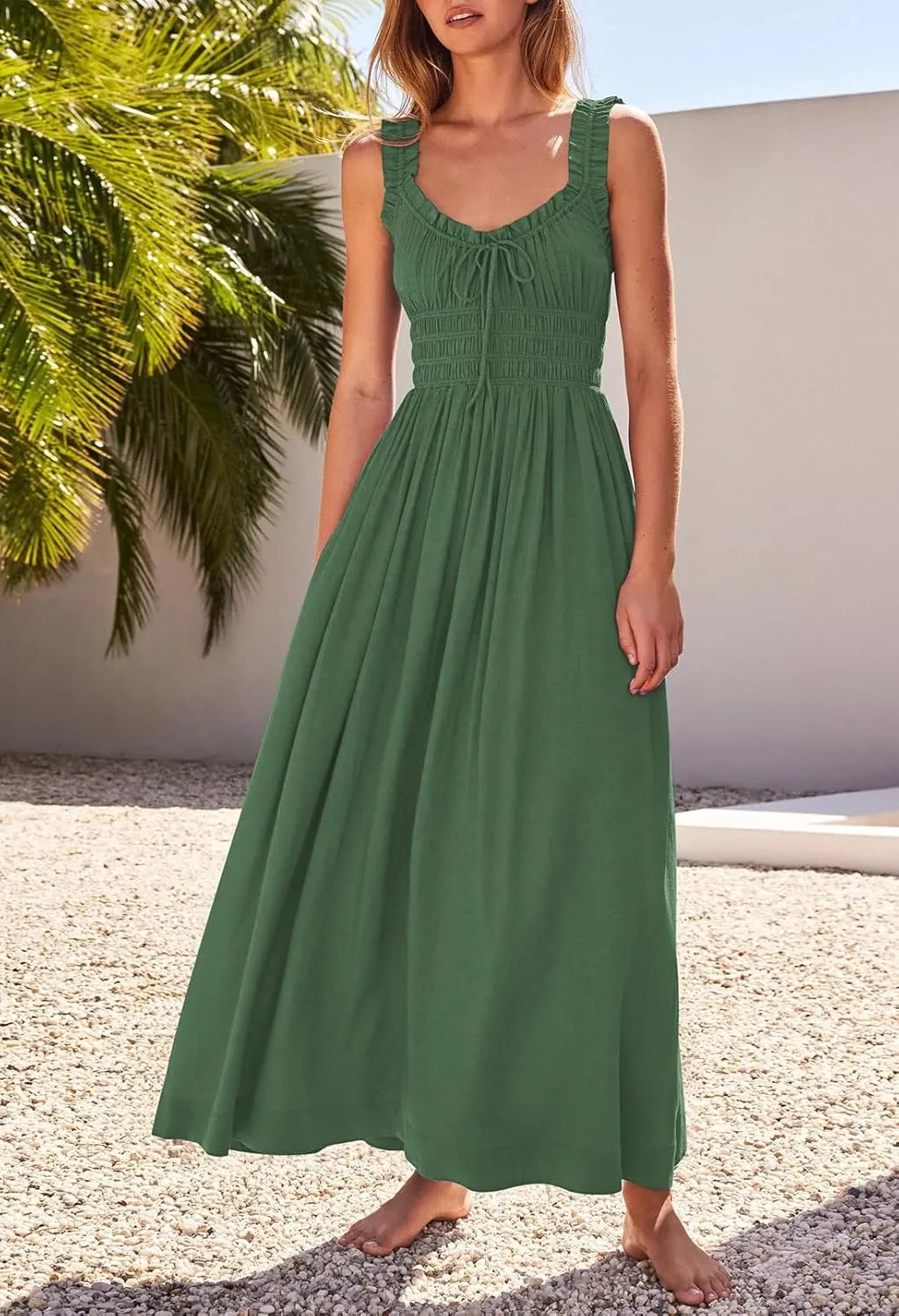 Duigluw Women 2025 Summer Sleeveless Smocked Empire Waist Tank Dress Summer Beach Tiered Long Dresses Sundress