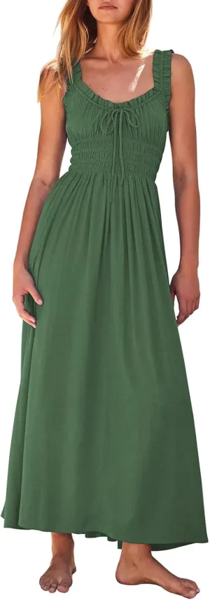 Duigluw Women 2025 Summer Sleeveless Smocked Empire Waist Tank Dress Summer Beach Tiered Long Dresses Sundress