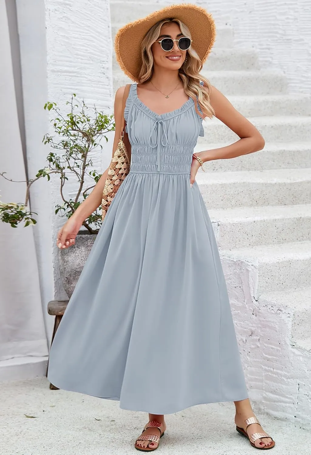 Duigluw Women 2025 Summer Sleeveless Smocked Empire Waist Tank Dress Summer Beach Tiered Long Dresses Sundress