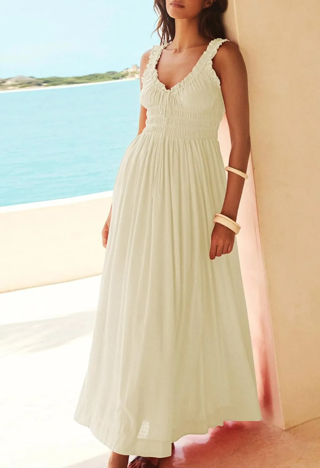 Duigluw Women 2025 Summer Sleeveless Smocked Empire Waist Tank Dress Summer Beach Tiered Long Dresses Sundress