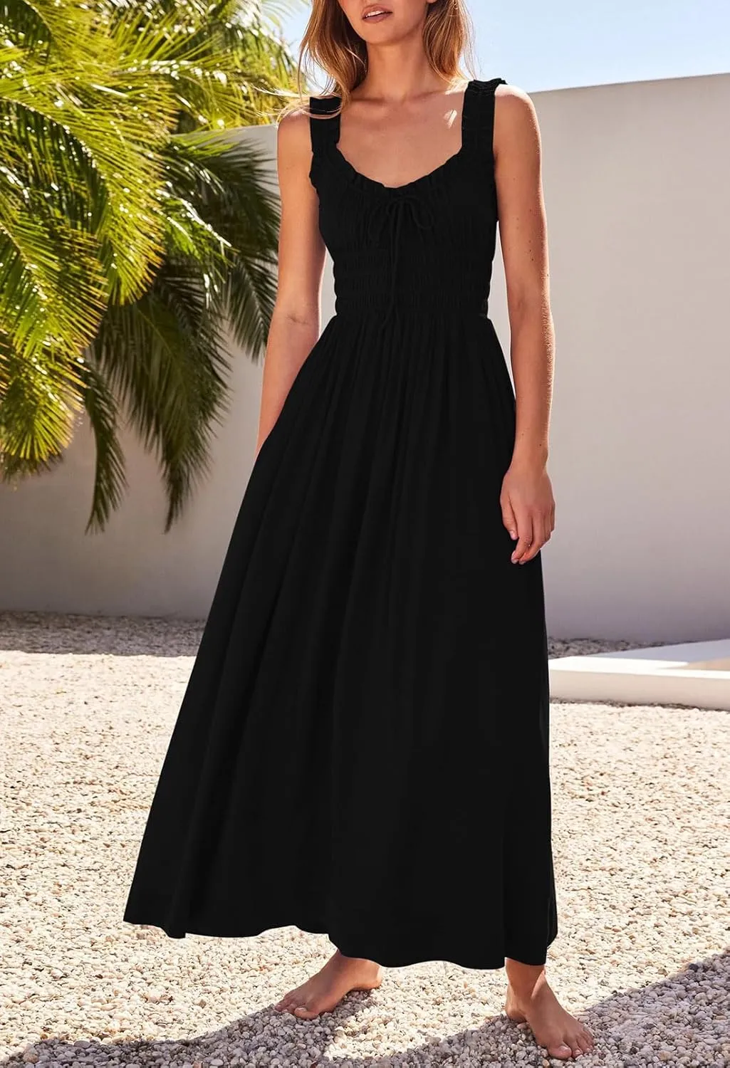 Duigluw Women 2025 Summer Sleeveless Smocked Empire Waist Tank Dress Summer Beach Tiered Long Dresses Sundress
