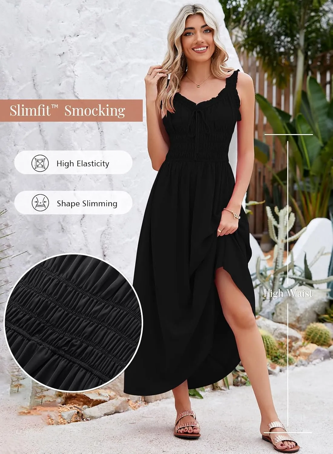 Duigluw Women 2025 Summer Sleeveless Smocked Empire Waist Tank Dress Summer Beach Tiered Long Dresses Sundress