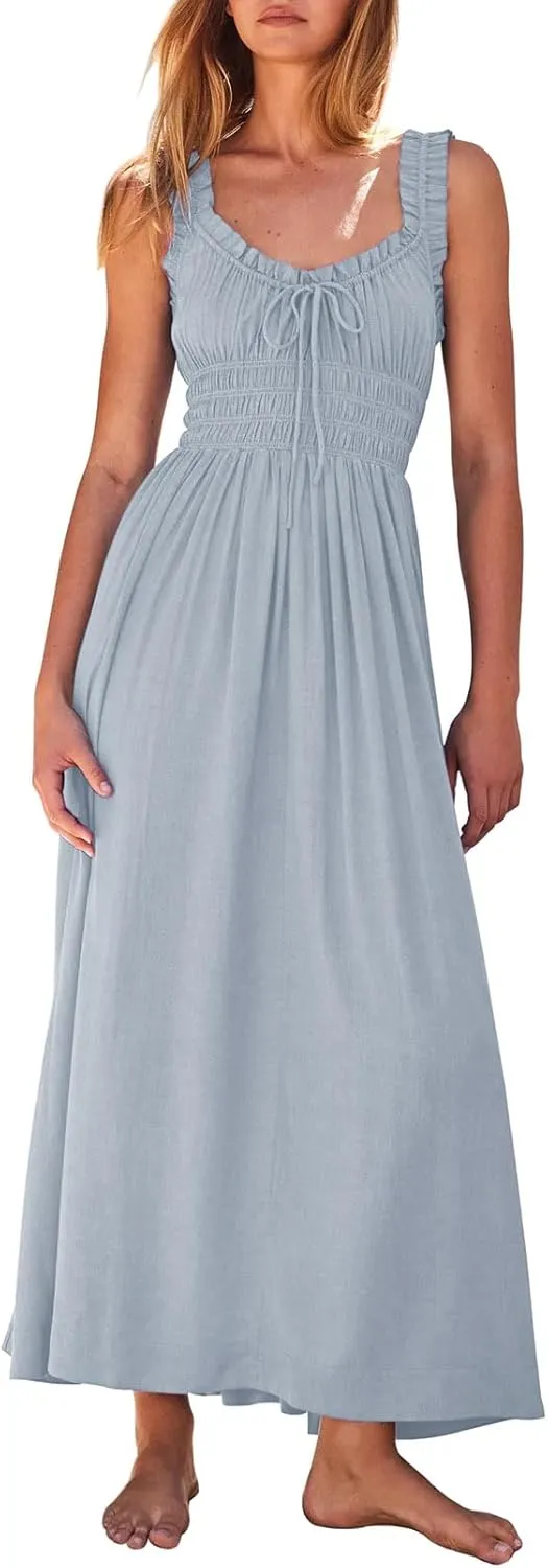 Duigluw Women 2025 Summer Sleeveless Smocked Empire Waist Tank Dress Summer Beach Tiered Long Dresses Sundress