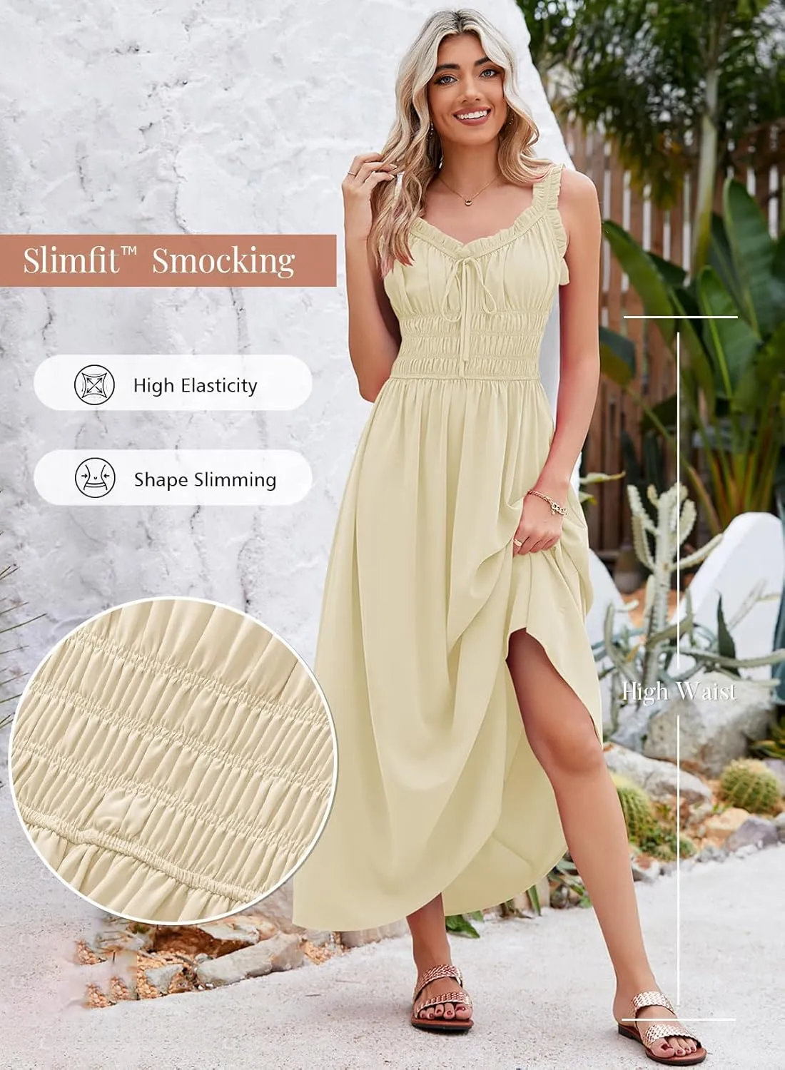 Duigluw Women 2025 Summer Sleeveless Smocked Empire Waist Tank Dress Summer Beach Tiered Long Dresses Sundress