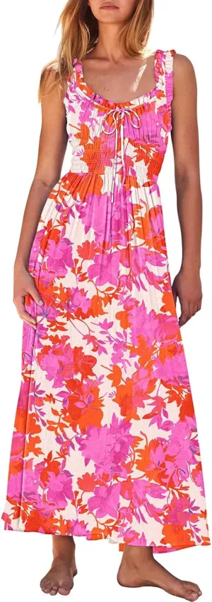 Duigluw Women 2025 Summer Sleeveless Smocked Empire Waist Tank Dress Summer Beach Tiered Long Dresses Sundress