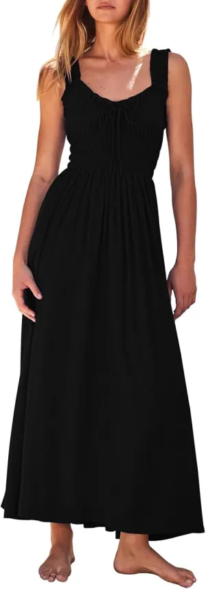 Duigluw Women 2025 Summer Sleeveless Smocked Empire Waist Tank Dress Summer Beach Tiered Long Dresses Sundress