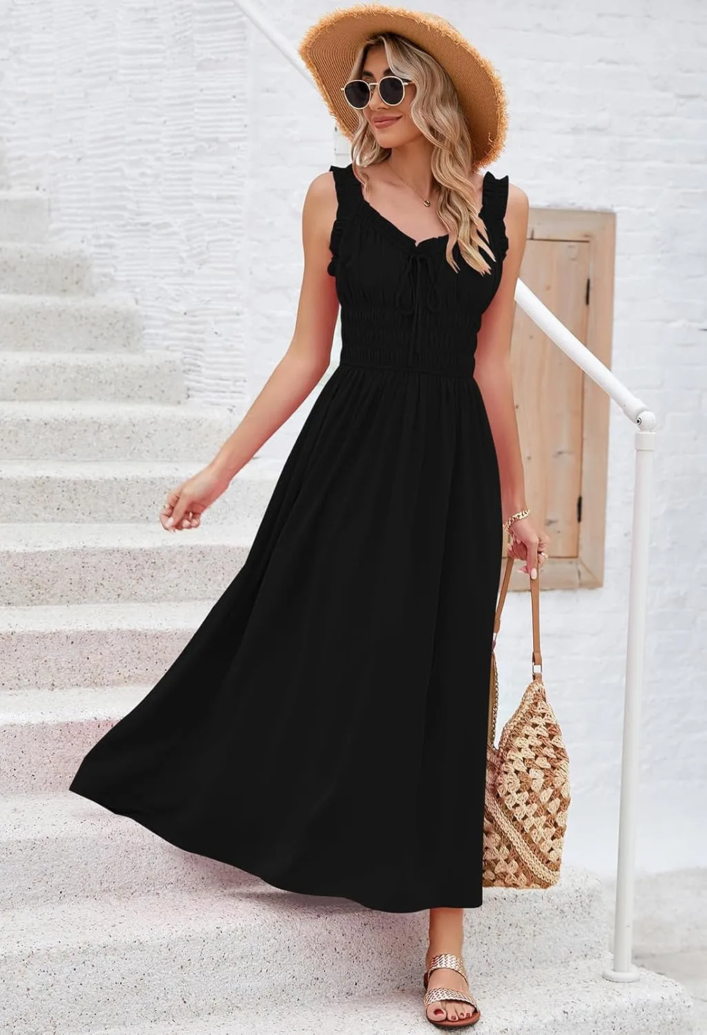 Duigluw Women 2025 Summer Sleeveless Smocked Empire Waist Tank Dress Summer Beach Tiered Long Dresses Sundress